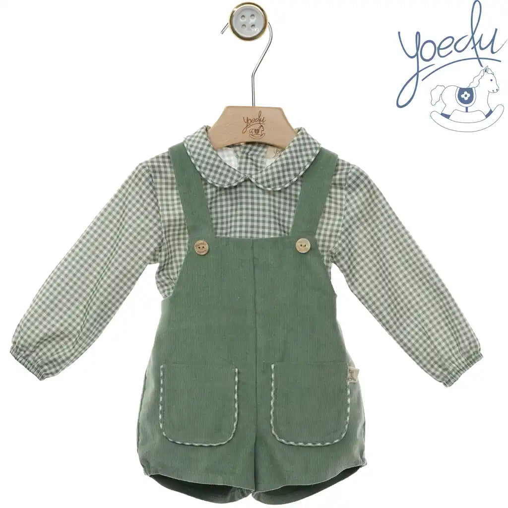 Sage Gingham Shirt & Corduroy Overall Set