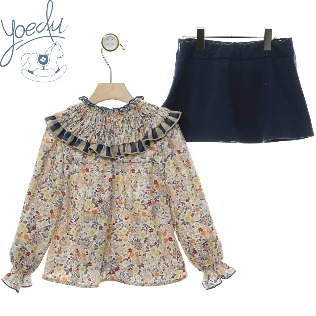 Vintage Meadow Floral Blouse & Bow Skort Set