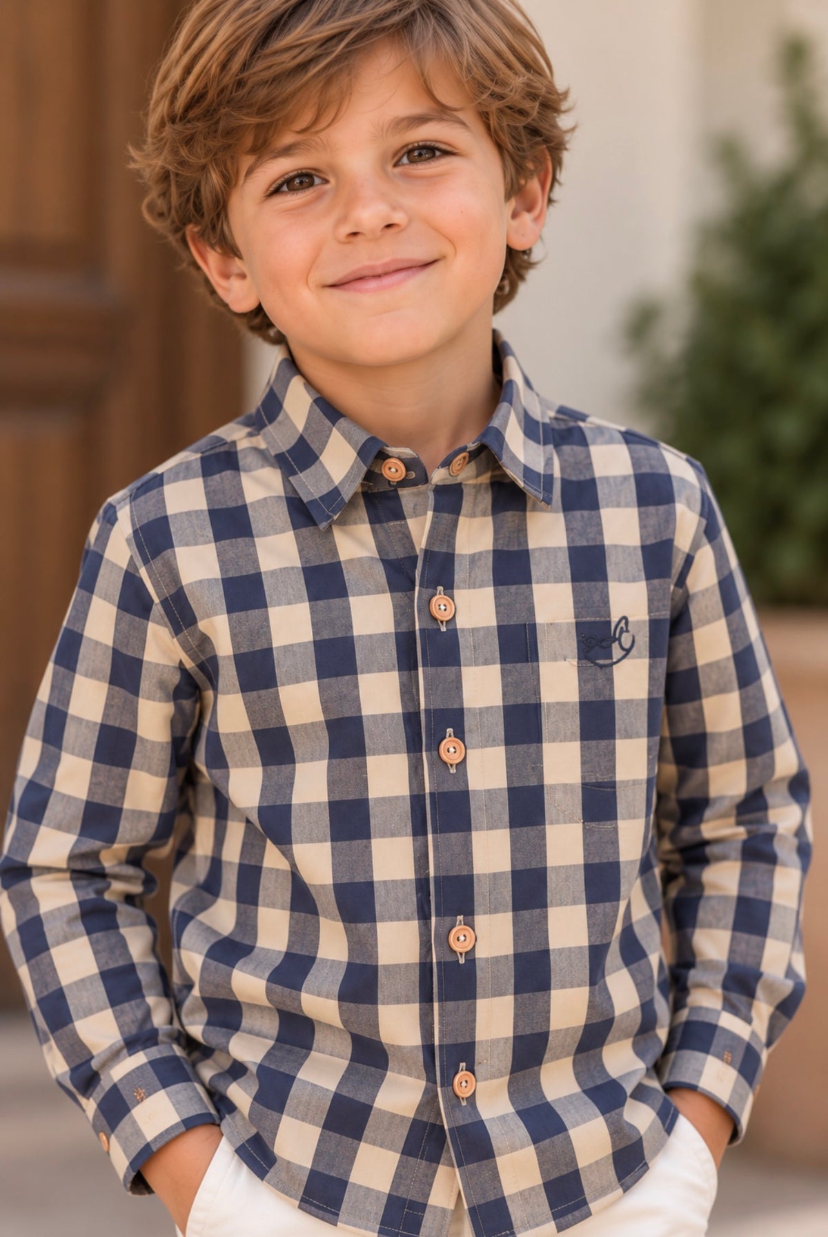 Indigo Gingham Button-Up Shirt