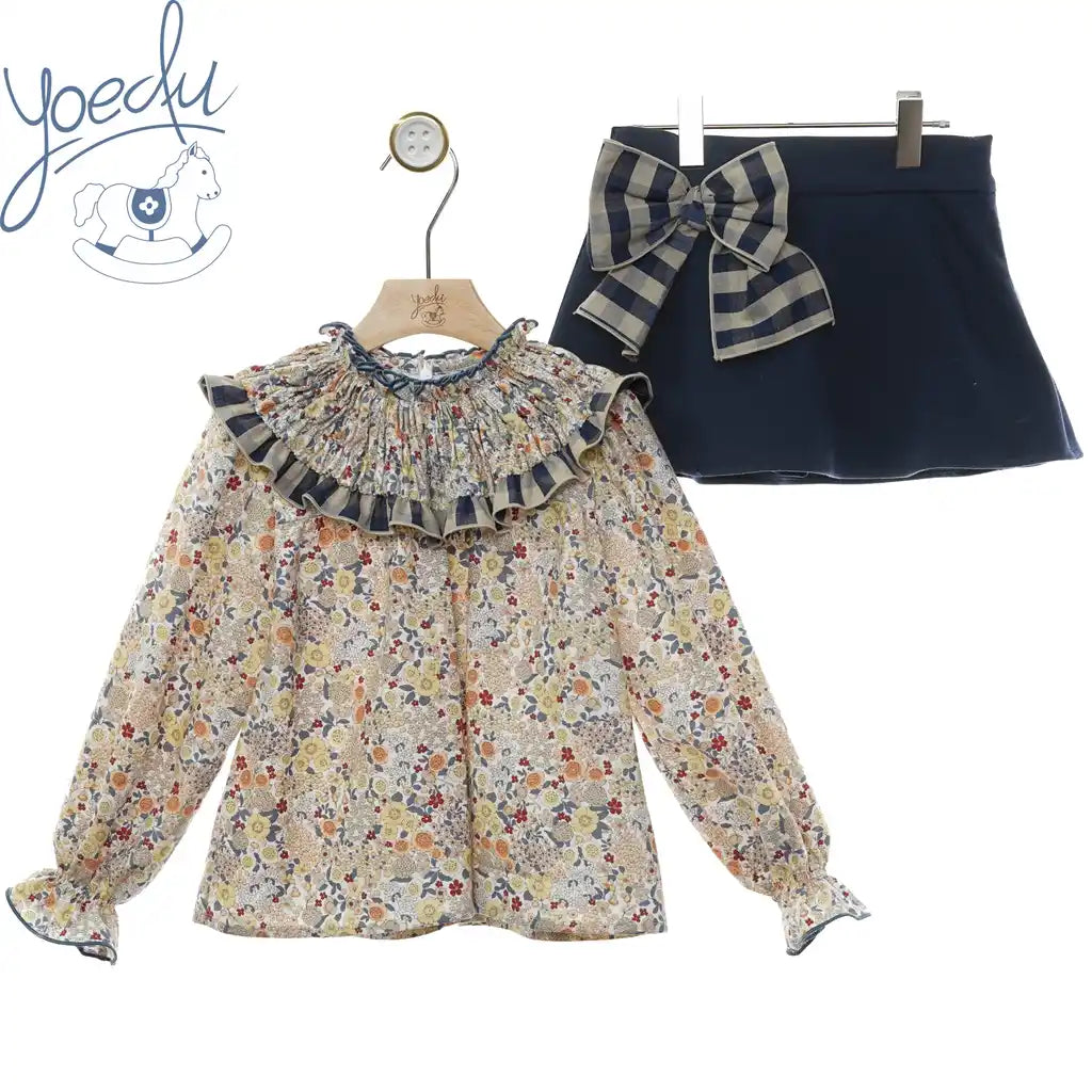 Vintage Meadow Floral Blouse & Bow Skort Set