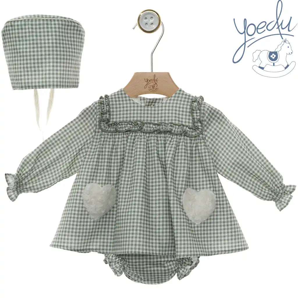 Sweetheart Sage Gingham Dress & Bloomer Set