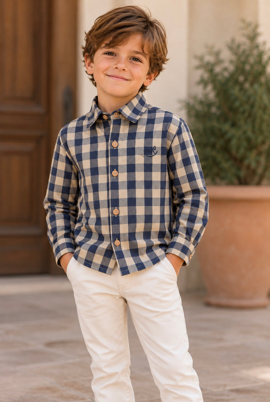 Indigo Gingham Button-Up Shirt