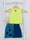 Neon Crop with Star Denim Skirt Set