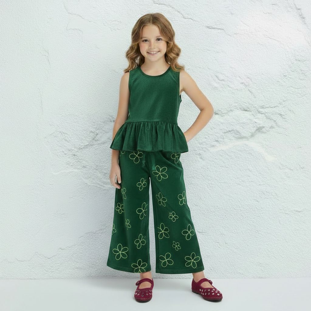 Green Petal Velvet Pant Set