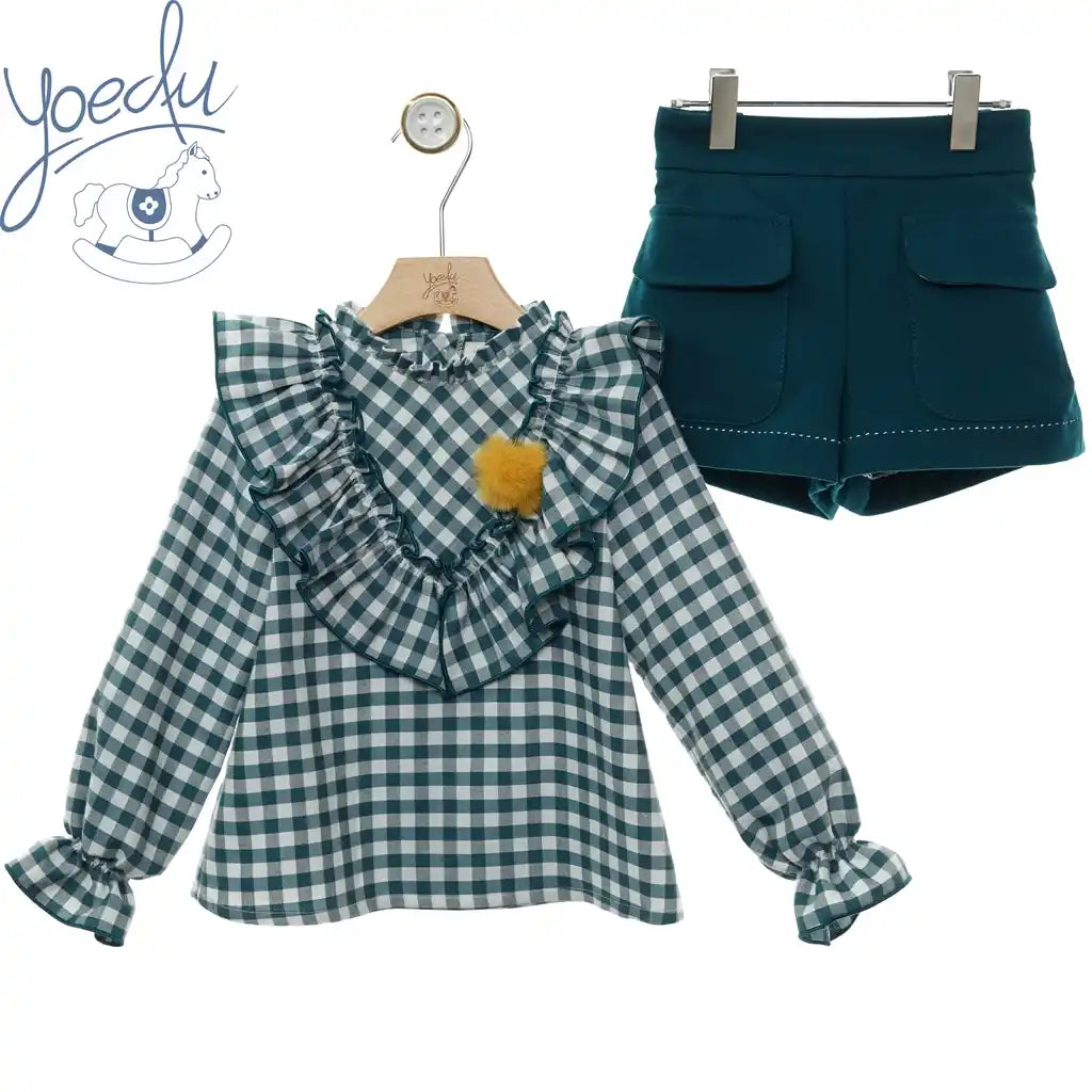 Evergreen Gingham Ruffle Top & Shorts Set