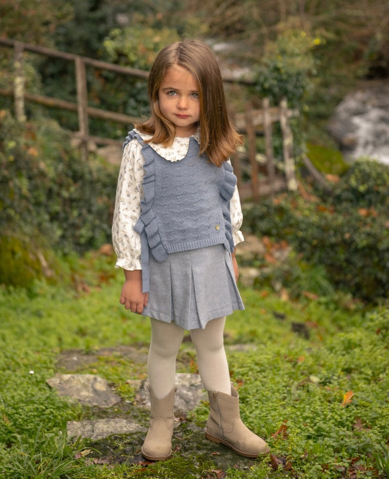 Blue Floral & Pear Blouse with Pleated Skirt Set