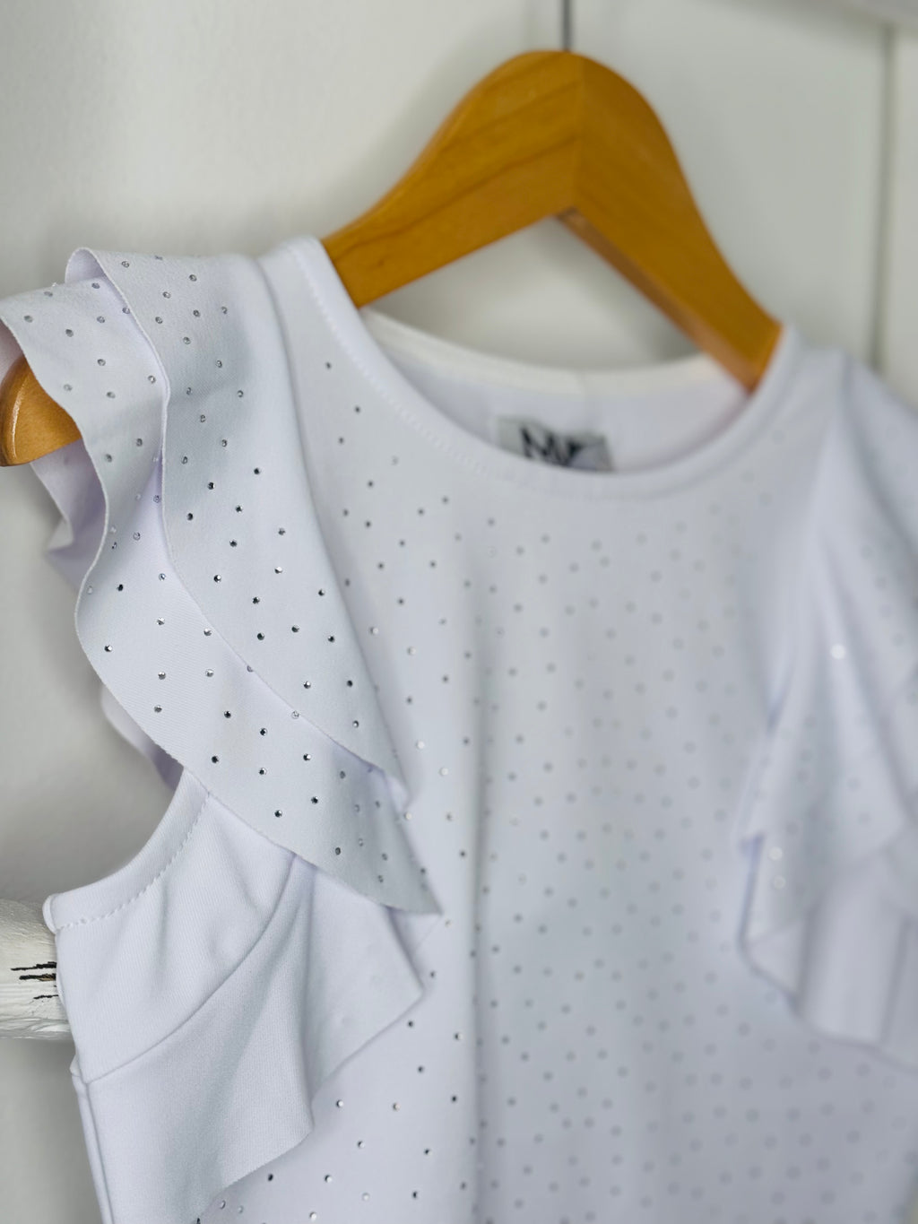 White Rhinestone Ruffle Top