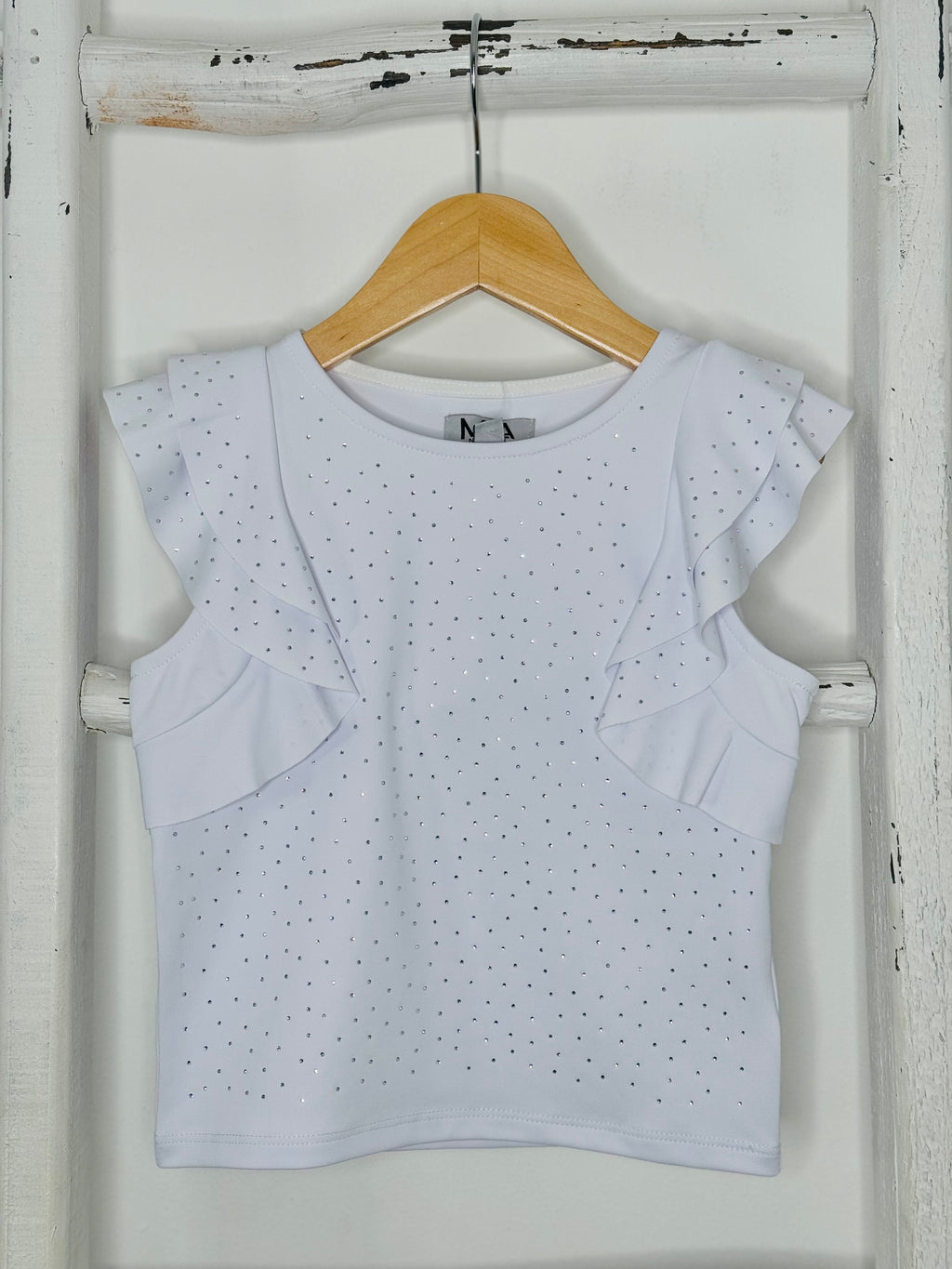 White Rhinestone Ruffle Top