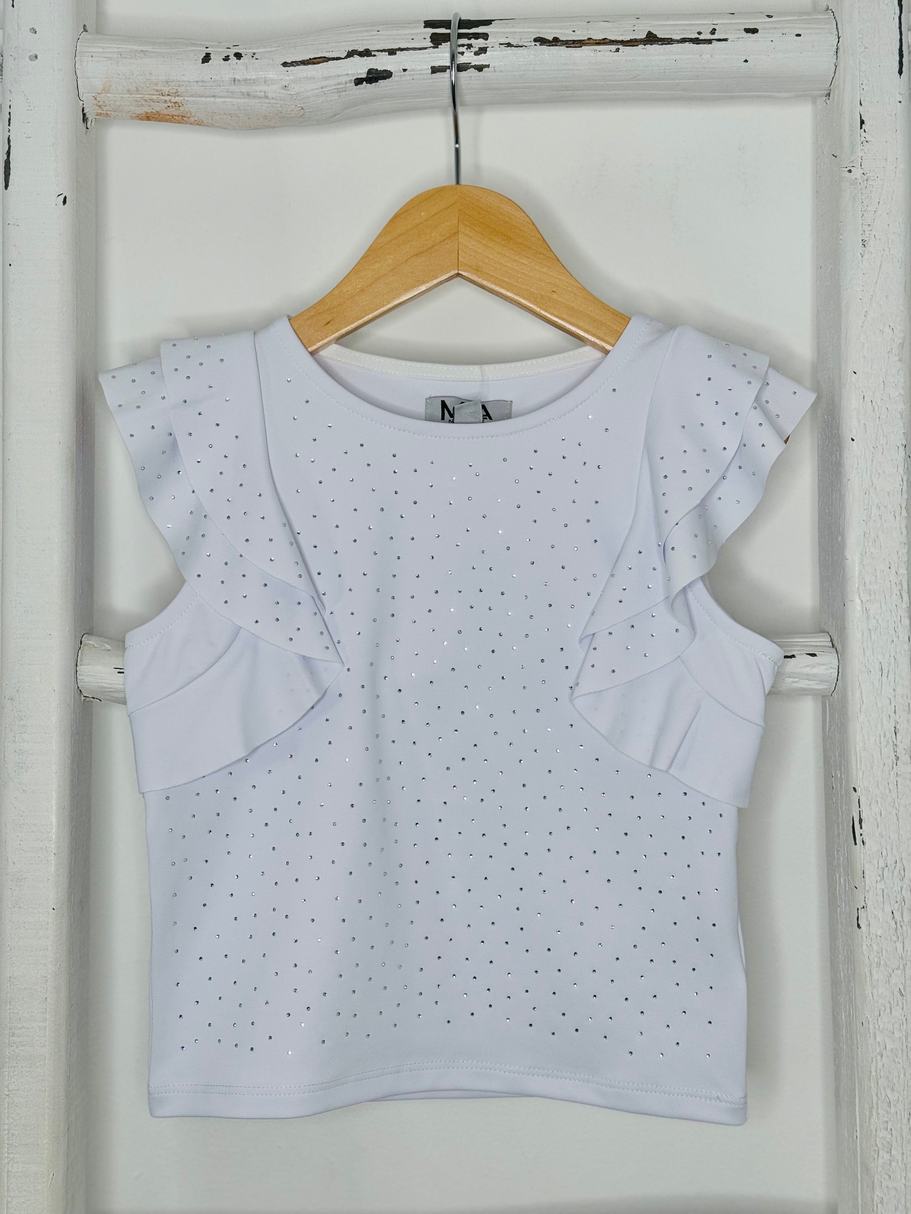 White Rhinestone Ruffle Top
